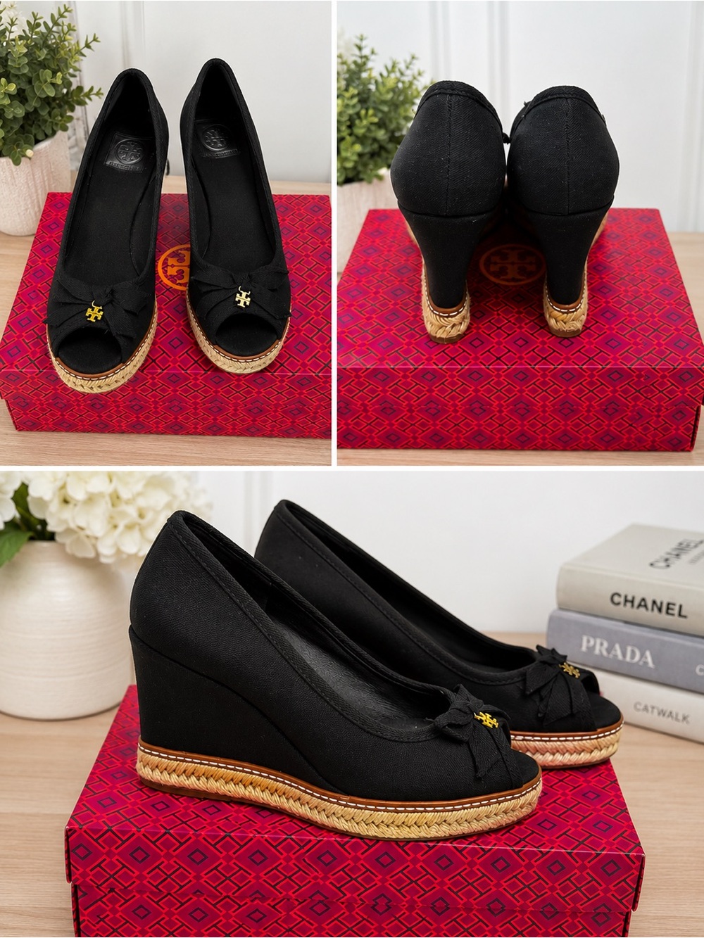 Tory Burch Black Canvas Peep-Toe Wedge Espadrilles with Gold Logo